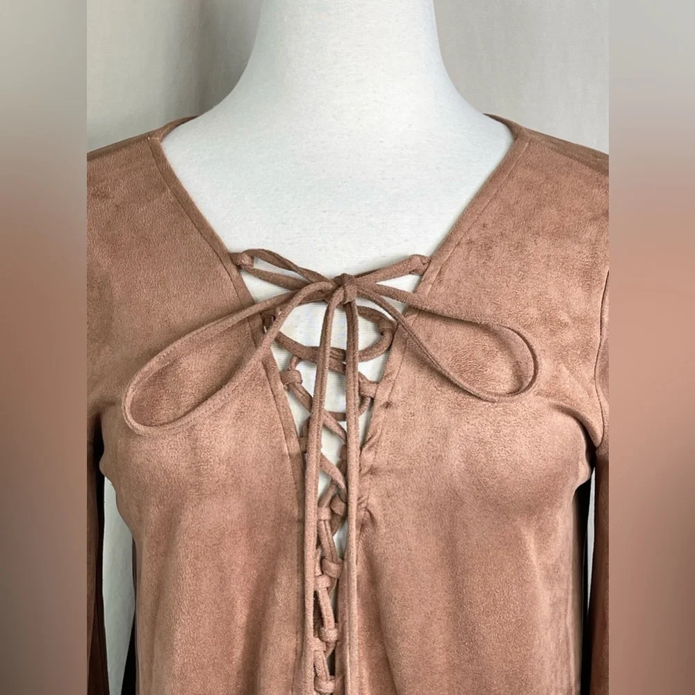 OLIVACEOUS ~ Tan Vegan Suede Dress with Bell Sleeves and Tie Detail ~Size Med - Picture 8 of 12